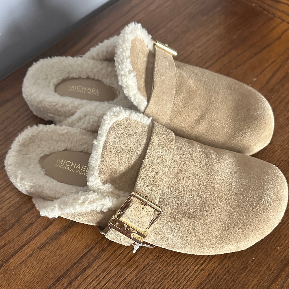 Michael Kors Beige Suede Mules with Gold Accent
